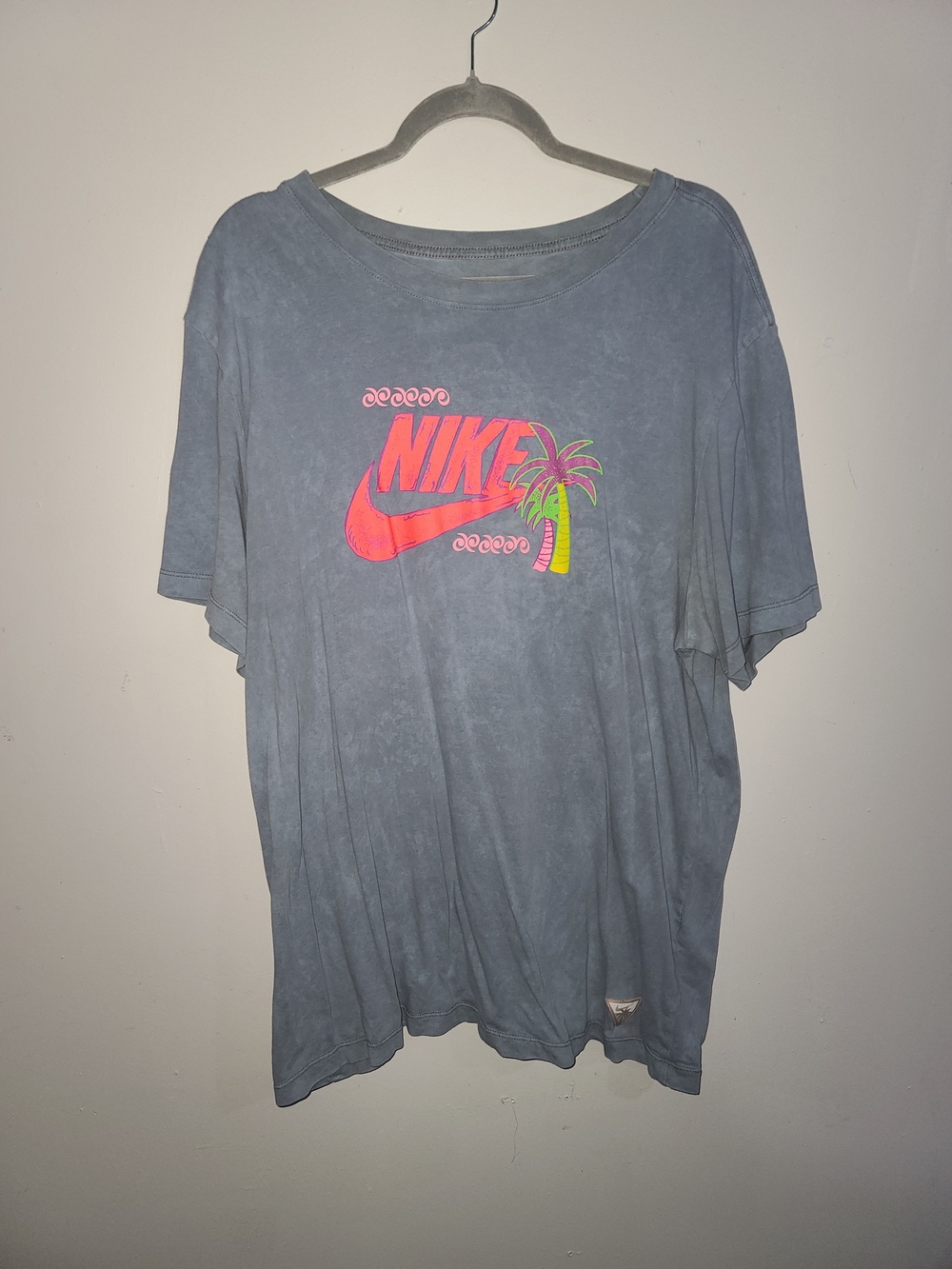 Nike Gray Short-Sleeve Tee with Neon Pink and Yellow Logo